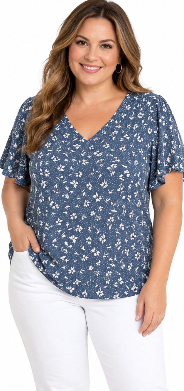 LC Lauren Conrad Womens Blue White Floral Flutter Sleeve V Neck Cotton Top 1X